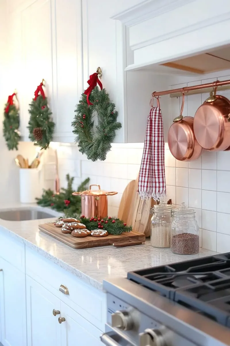 mini wreaths on kitchen cabinets paired with copper cookware for festive charm 1