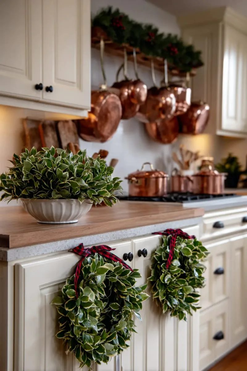 mini wreaths on kitchen cabinets paired with copper cookware for festive charm 1
