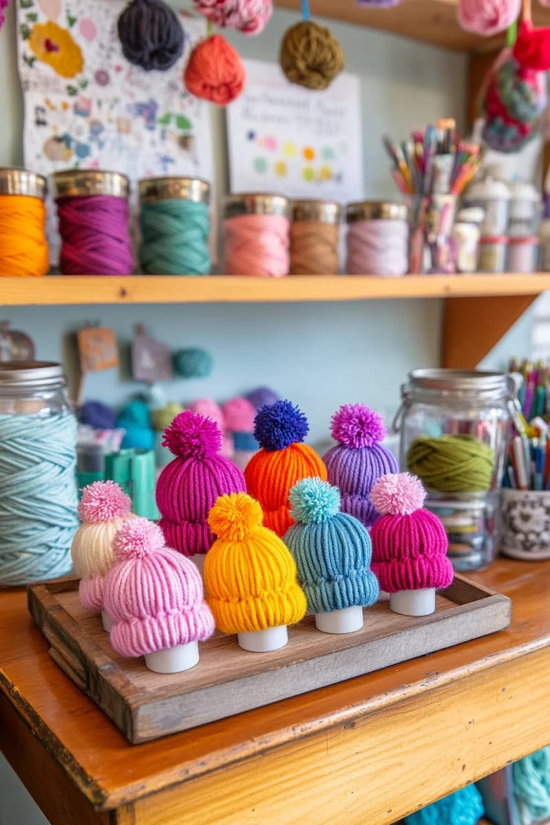 mini yarn hats in rainbow colors with pom-pom tops for a playful touch 1