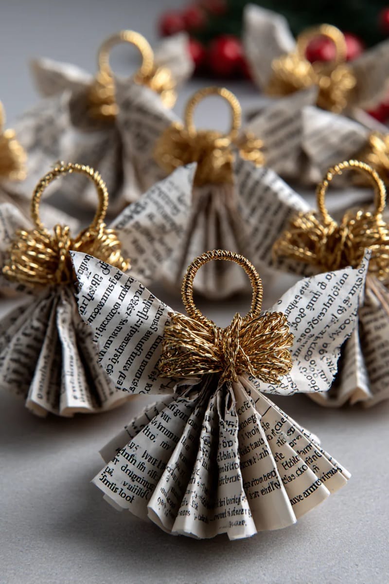 27 Stunning Christmas Decoration Crafts for a Unique 2025 49 miniature book page angel ornaments with golden pipe cleaner halos 1