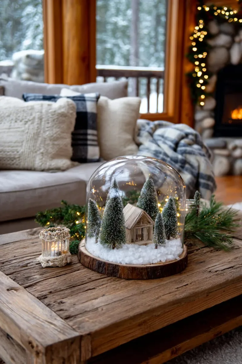 miniature cabin scene inside a glass cloche with fake snow 1