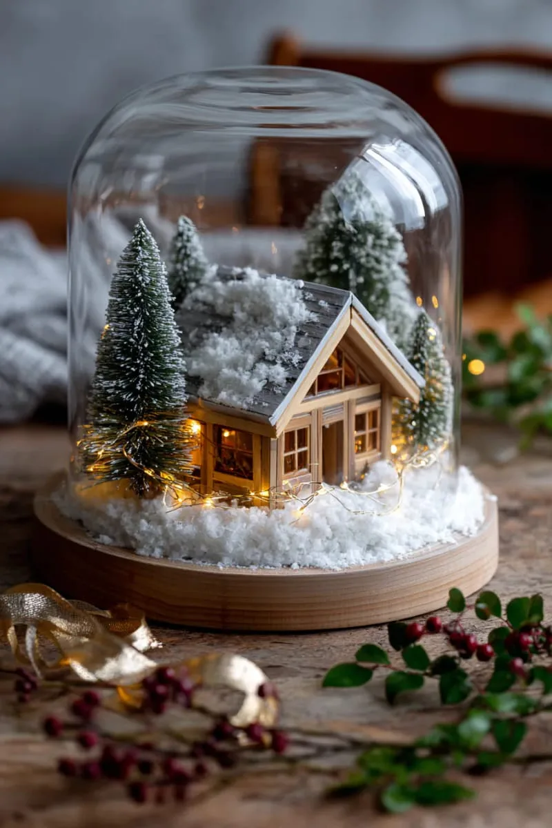 miniature cabin scene inside a glass cloche with fake snow 1