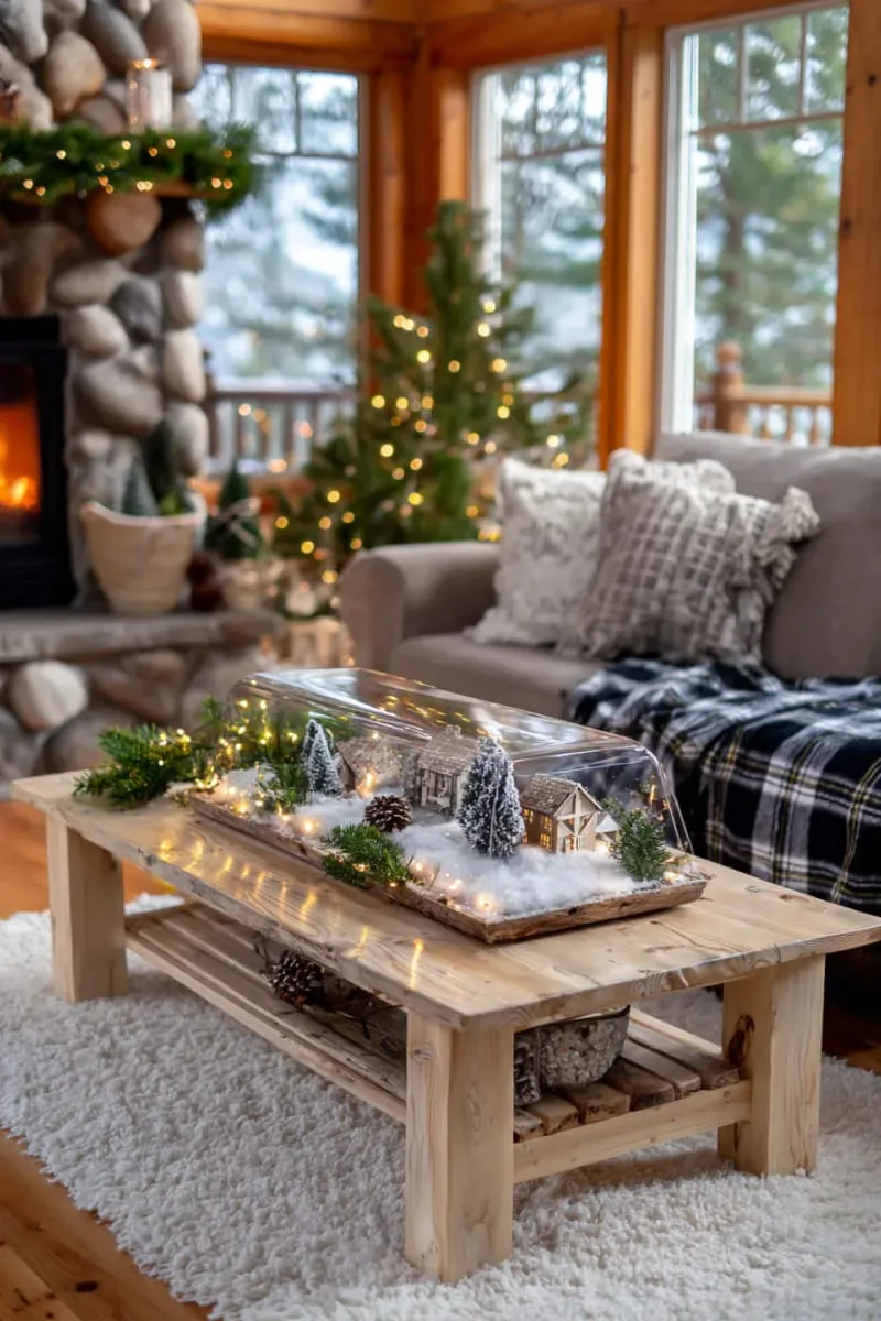miniature cabin scene inside a glass cloche with fake snow 1