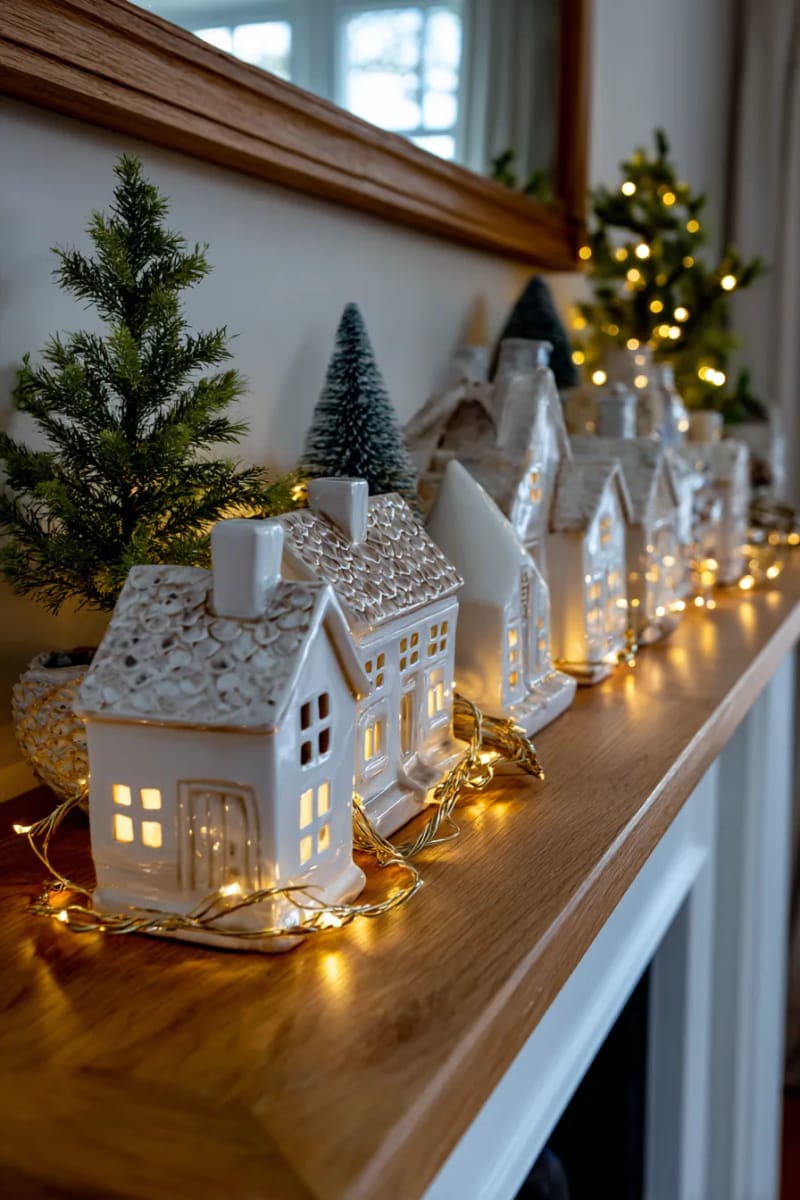 miniature ceramic village illuminated with warm fairy lights on a mantel 1
