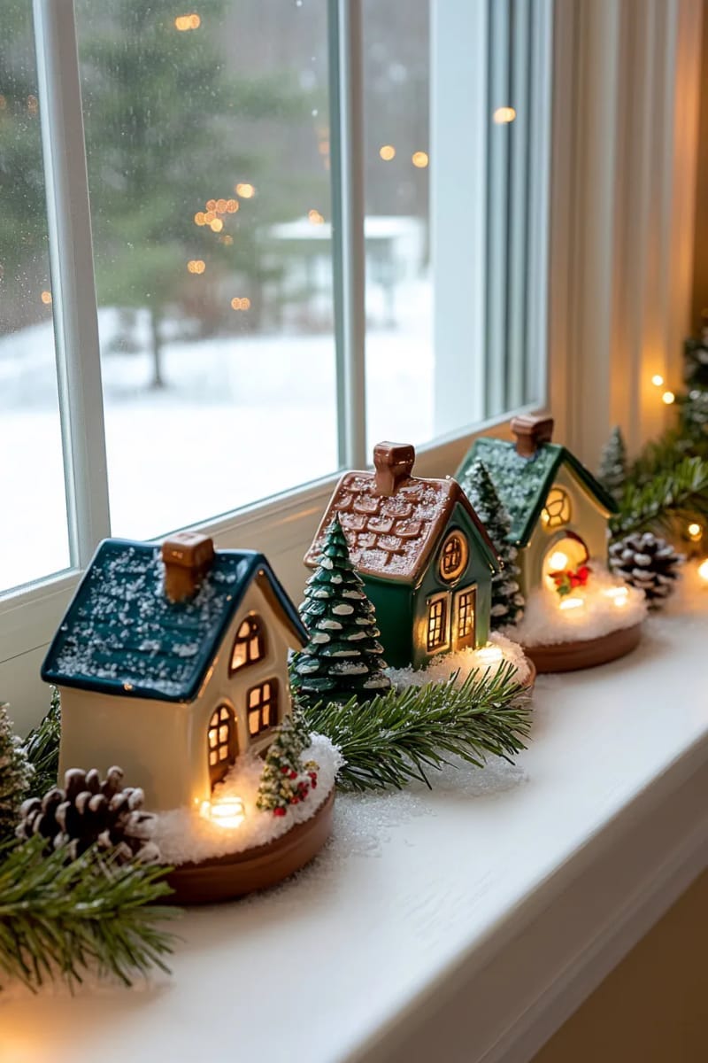 25 Best Christmas Window Decor Ideas to Try This Year 10 miniature christmas houses with battery tea lights arranged on the window sill. 1