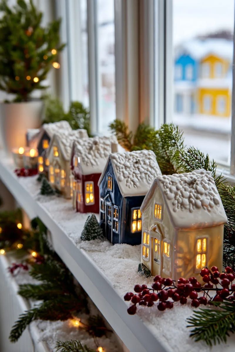 25 Best Christmas Window Decor Ideas to Try This Year 11 miniature christmas houses with battery tea lights arranged on the window sill. 1
