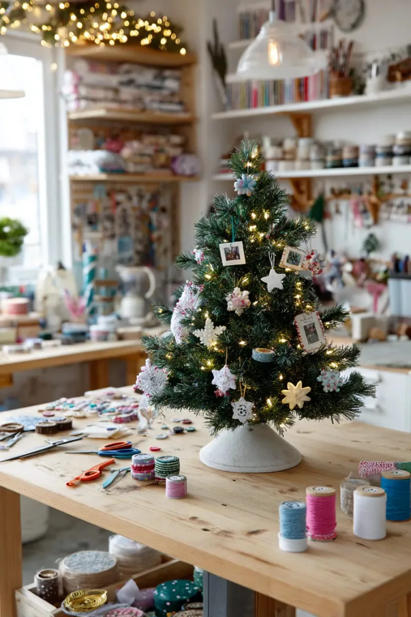 miniature lighted christmas tree with tiny handmade ornaments and photos 1