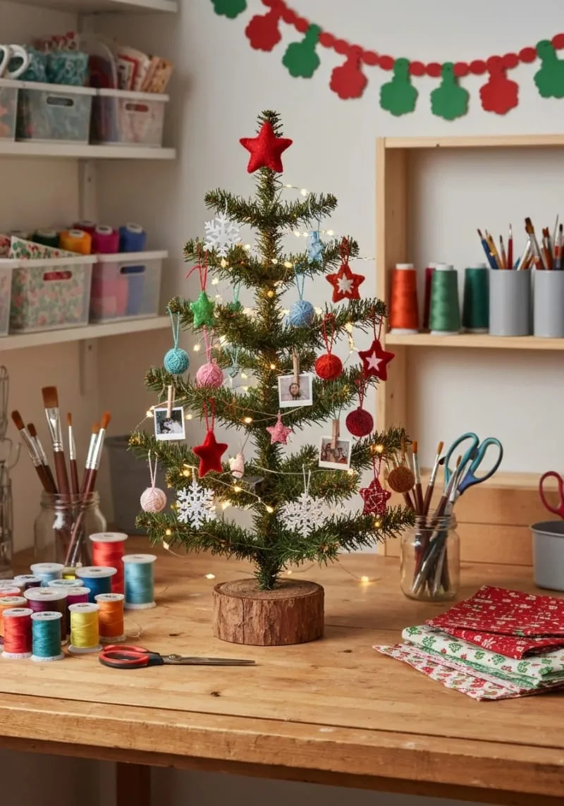 miniature lighted christmas tree with tiny handmade ornaments and photos 1