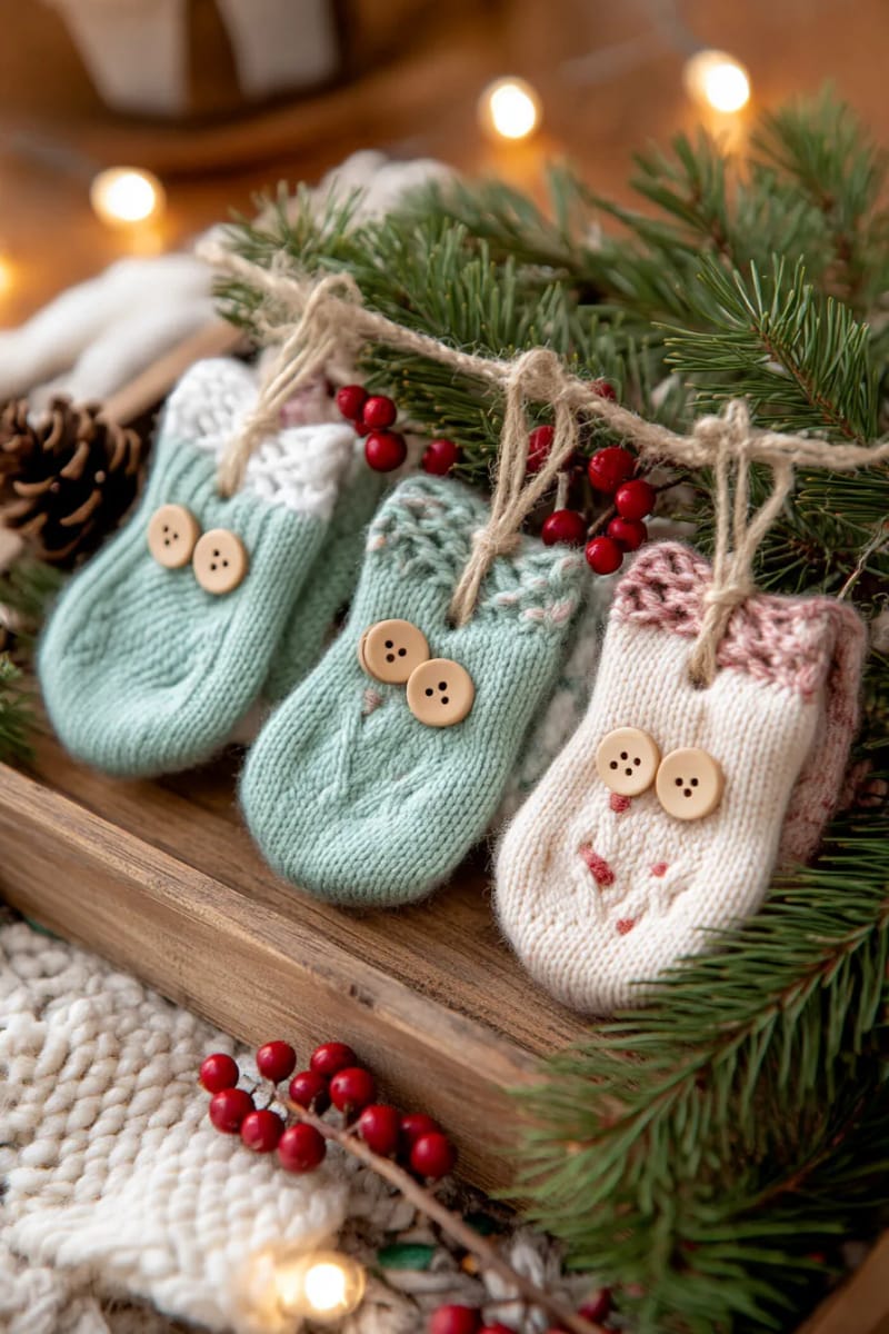 miniature mitten ornaments sewn from cozy sweater scraps 1