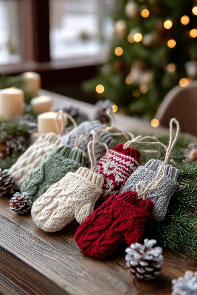 miniature mitten ornaments sewn from cozy sweater scraps 1
