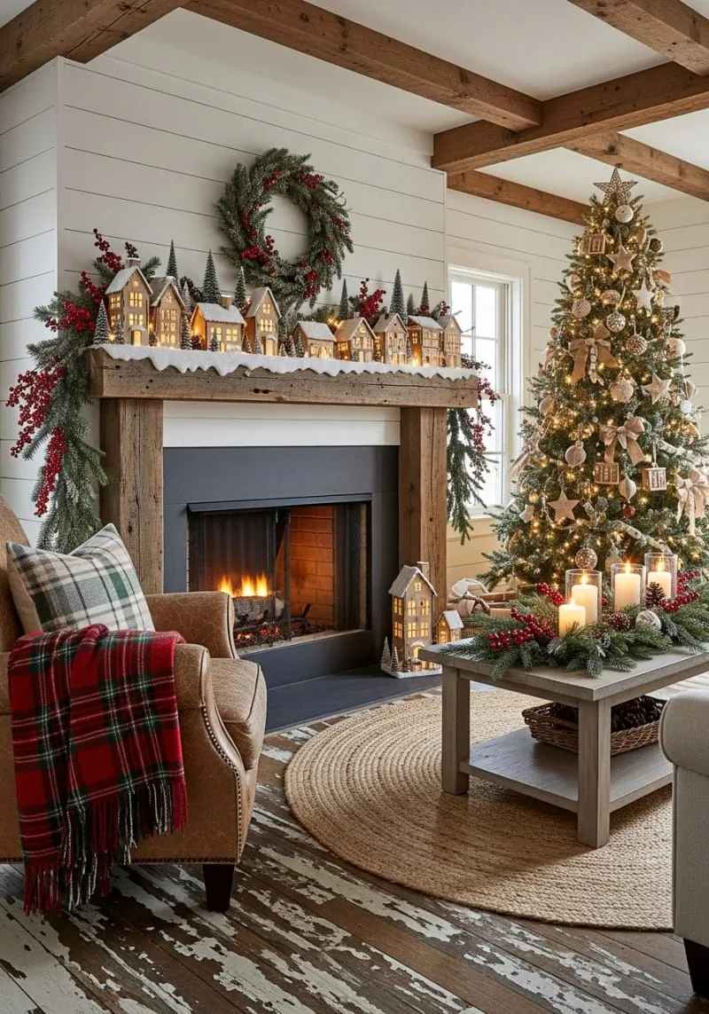miniature snowy christmas village glowing on the mantle with twinkle lights 1