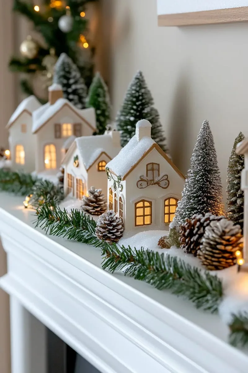 miniature snowy christmas village glowing on the mantle with twinkle lights 1