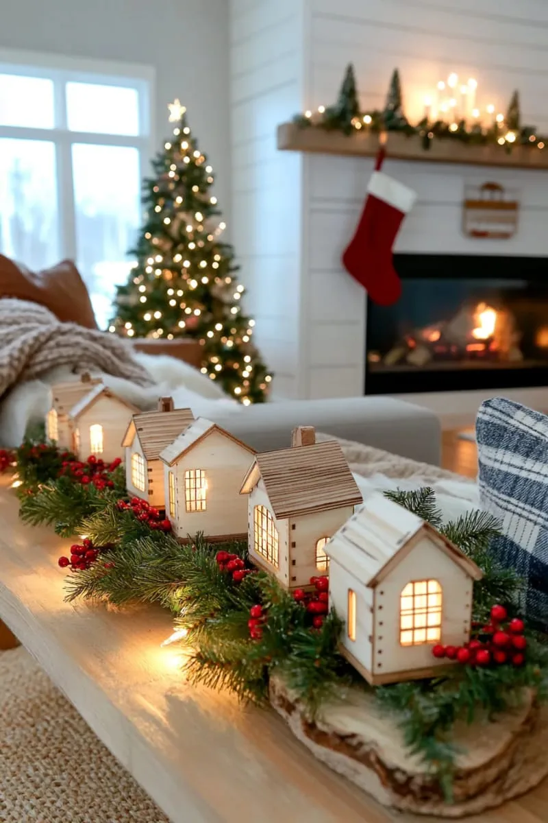 miniature snowy christmas village glowing on the mantle with twinkle lights 1