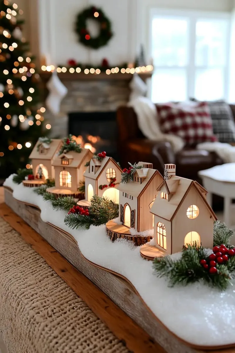 miniature snowy christmas village glowing on the mantle with twinkle lights 1
