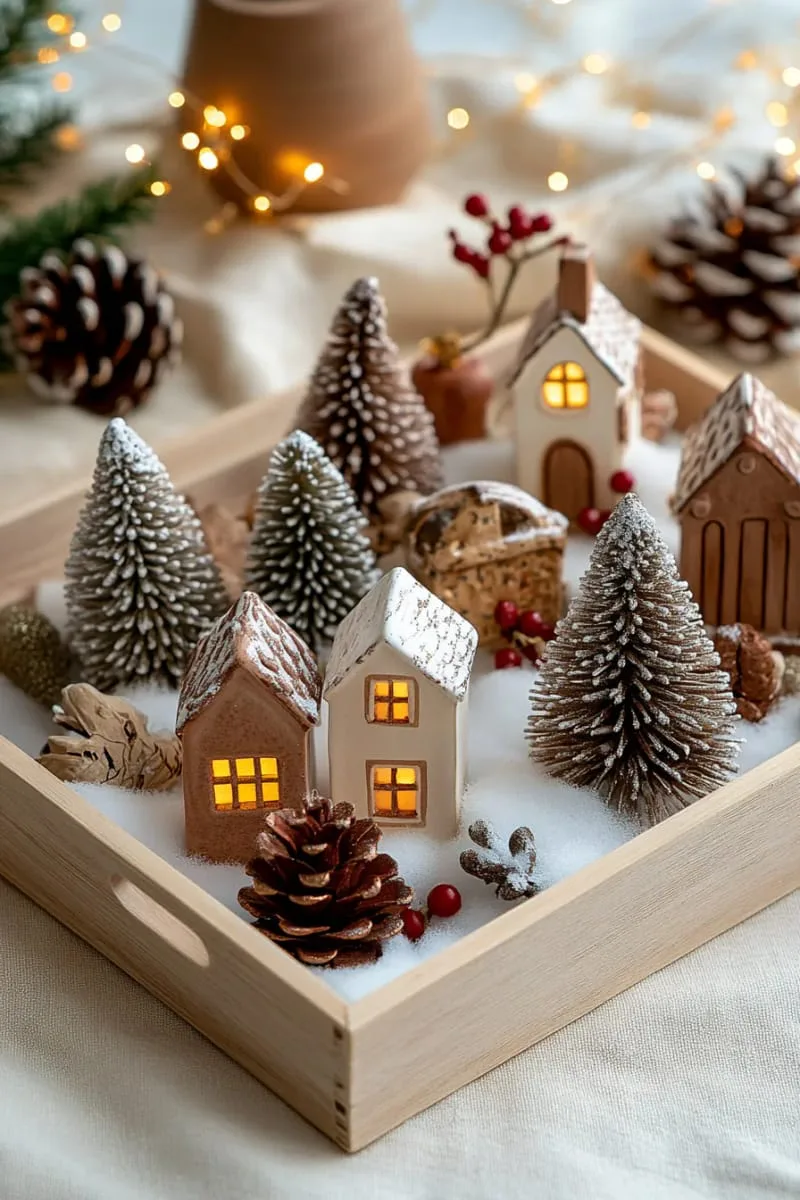 29 Creative Christmas Kitchen Decor Ideas You'll Absolutely Love 2 miniature snowy pine forest centerpiece with ceramic house village 1