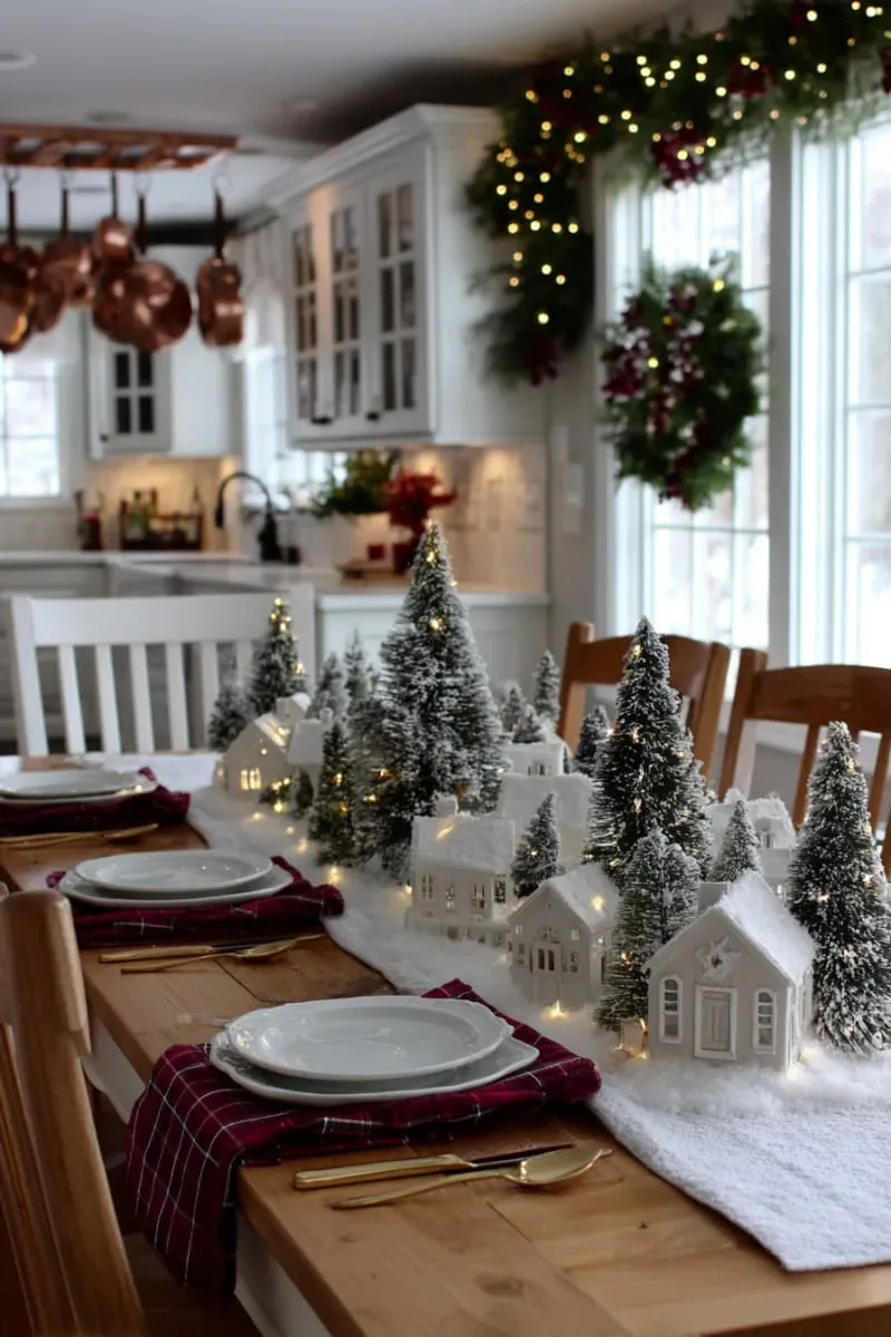 29 Creative Christmas Kitchen Decor Ideas You'll Absolutely Love 3 miniature snowy pine forest centerpiece with ceramic house village 1