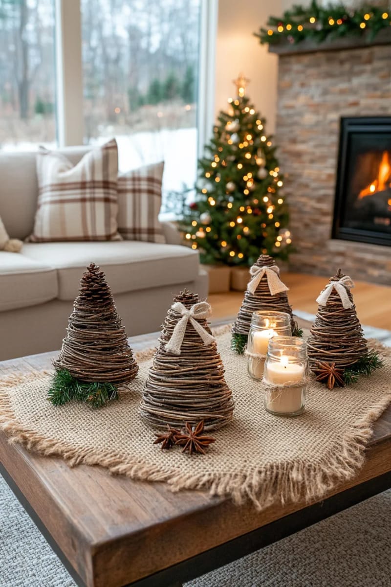 miniature twig christmas trees decorated with star anise and jute bows 1