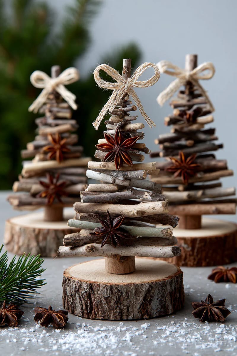 miniature twig christmas trees decorated with star anise and jute bows 1