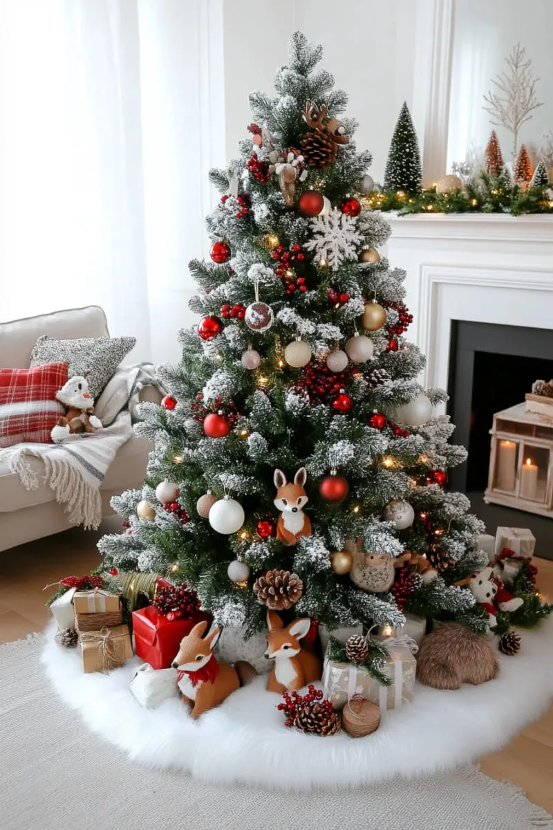 miniature woodland animal figurines peeking out from under a snowy christmas tree 1