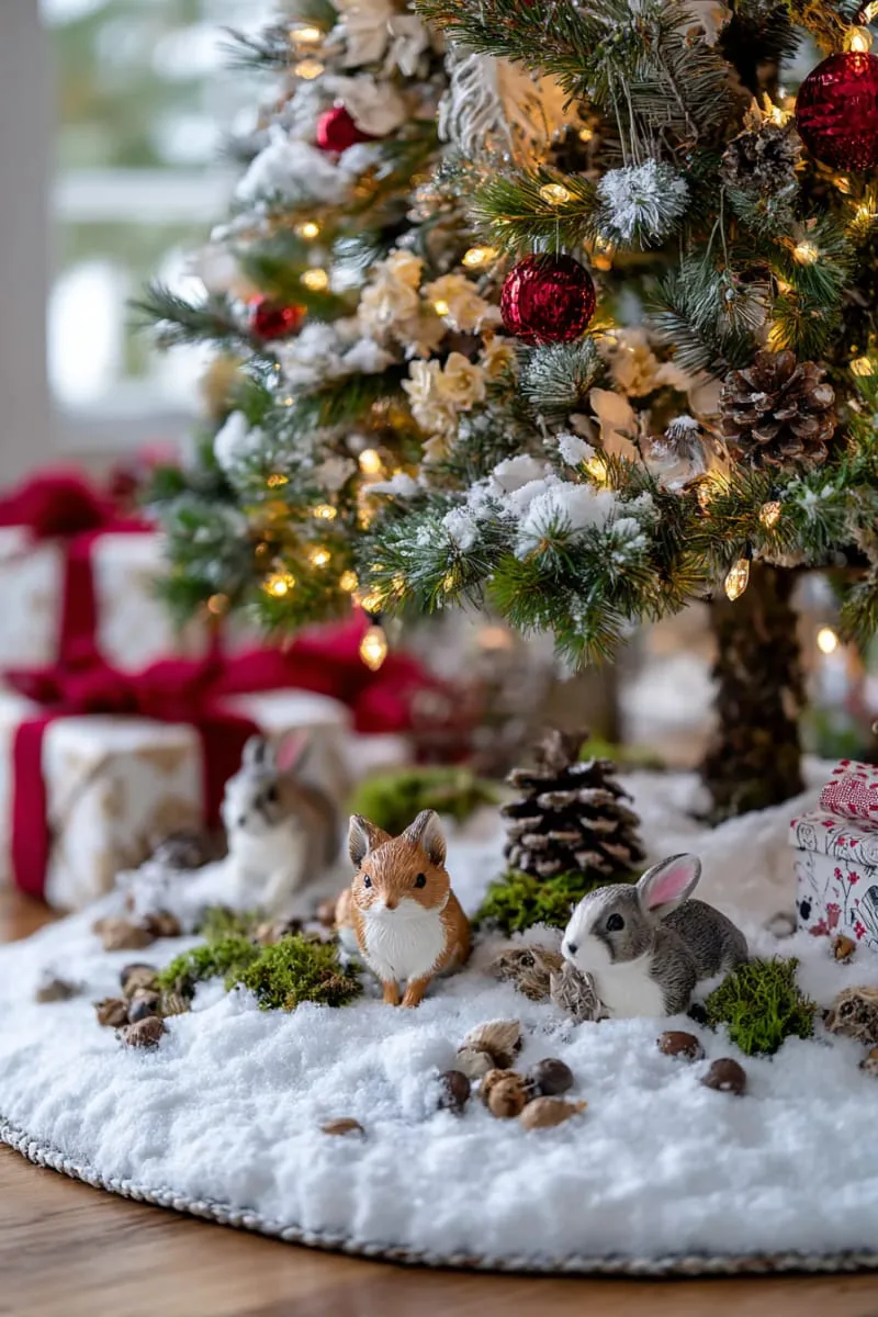 miniature woodland animal figurines peeking out from under a snowy christmas tree 1