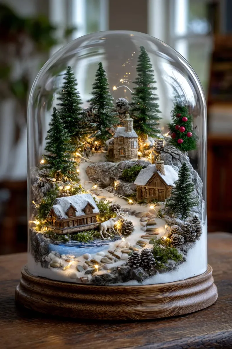 29 Best Christmas Decorations Trends You Can't Miss This Year 68 miniature woodland village scene under a glass dome 1