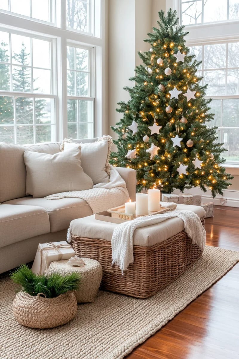 minimal neutral tree decorations with paper stars and white lights 1