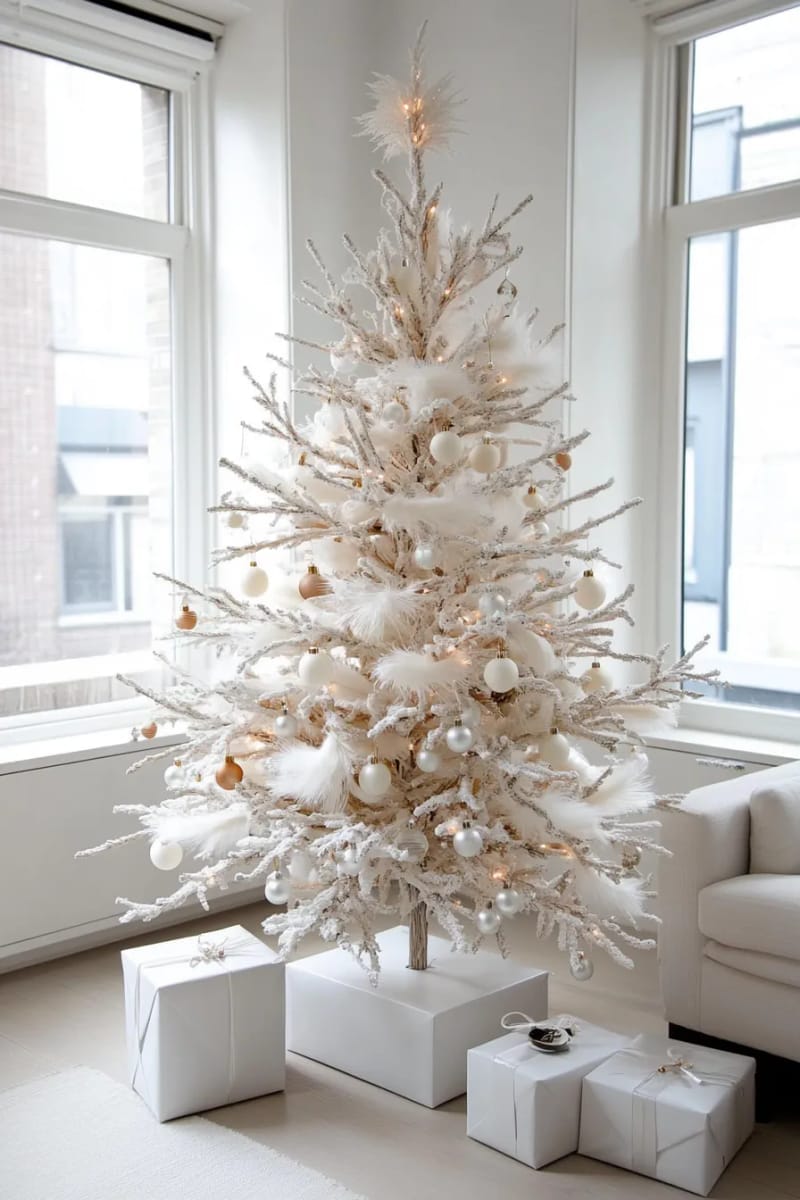 25 New Gorgeous White Christmas Decor Ideas That Wow 10 minimalist all-white christmas tree with feather and pearl ornaments 1