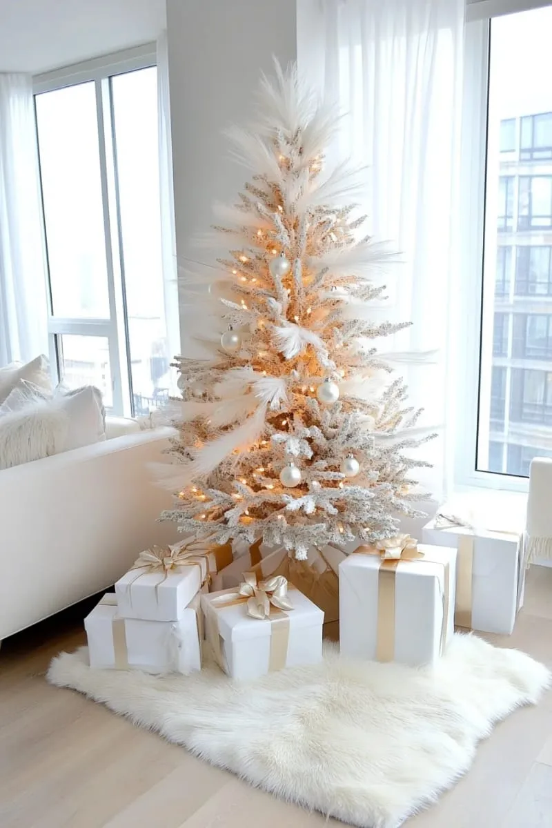 25 New Gorgeous White Christmas Decor Ideas That Wow 10 minimalist all-white christmas tree with feather and pearl ornaments 1