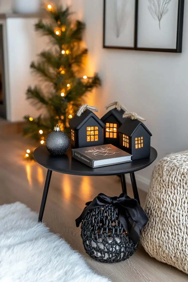 minimalist black village houses with twinkling fairy lights for a cozy nook 1