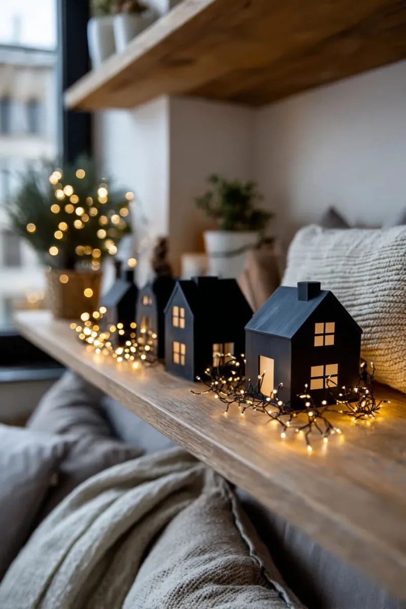 minimalist black village houses with twinkling fairy lights for a cozy nook 1