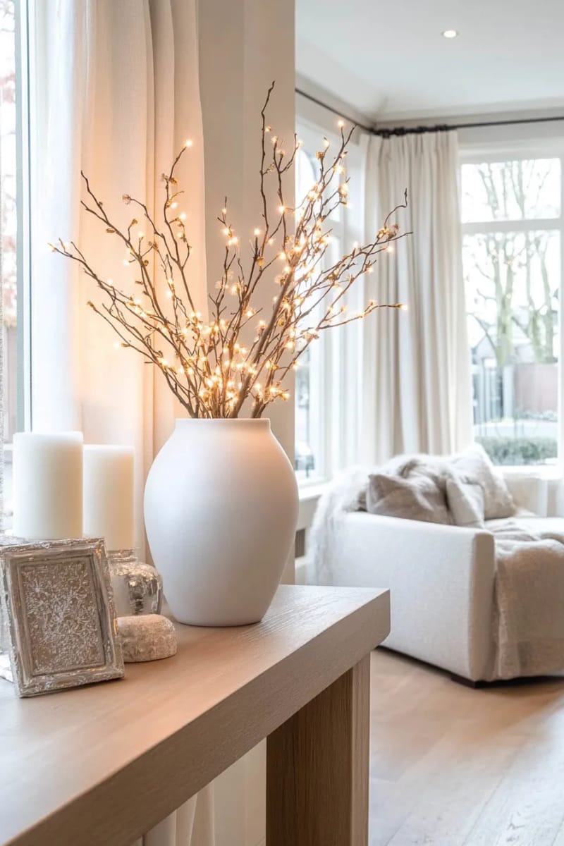 25 Gorgeous Winter Decor Ideas (Not Christmas) for a Serene Home 29 minimalist branch arrangement in ceramic vase with fairy lights 1