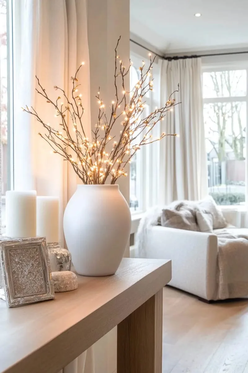 minimalist branch arrangement in ceramic vase with fairy lights 1