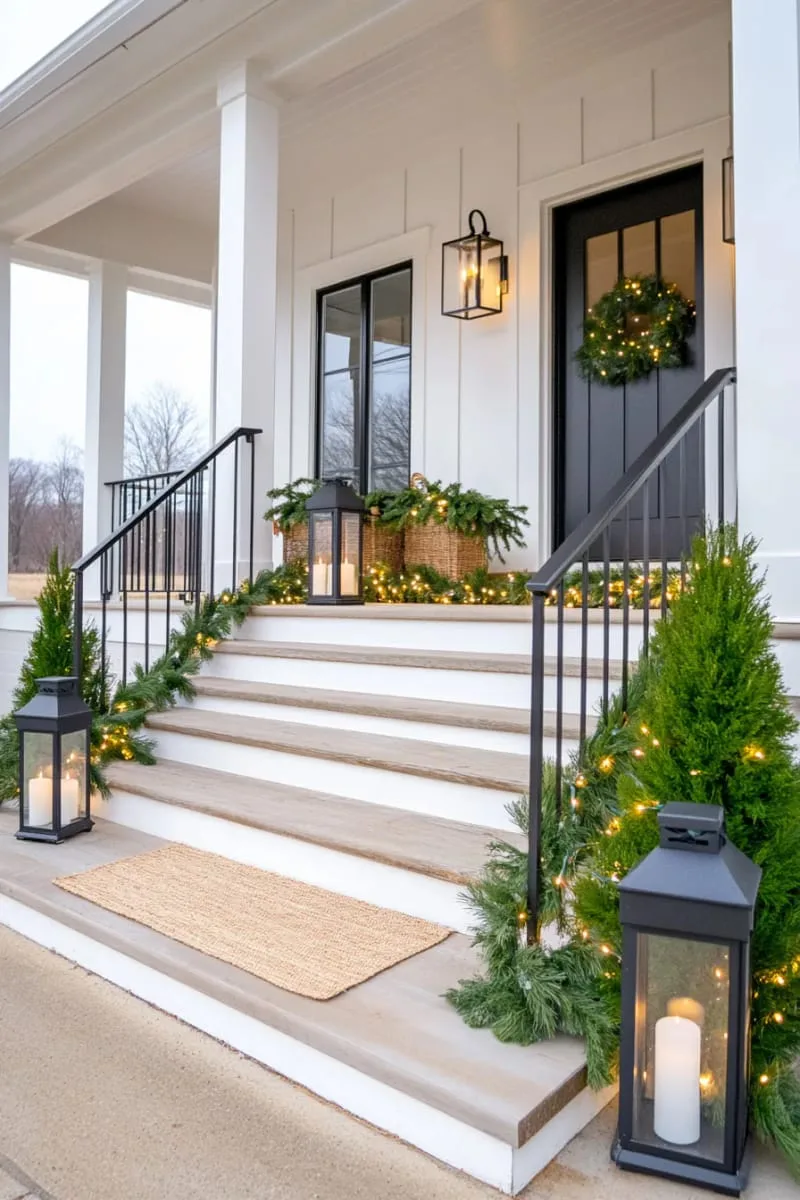 15 Charming Modern Farmhouse Christmas Decor Ideas for a Front Porch 8 minimalist cedar garland draped across black railing with warm fairy lights 1
