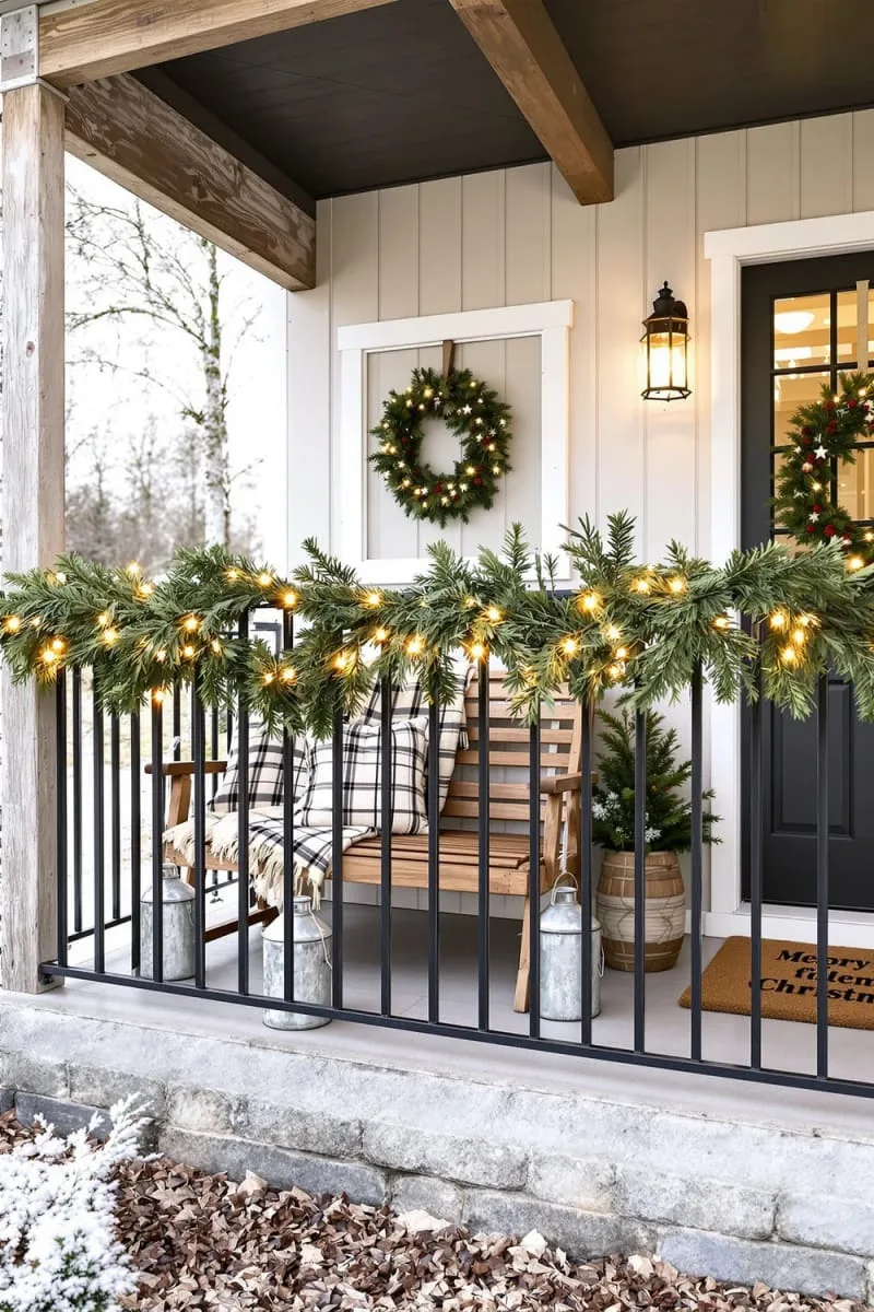 15 Charming Modern Farmhouse Christmas Decor Ideas for a Front Porch 9 minimalist cedar garland draped across black railing with warm fairy lights 1