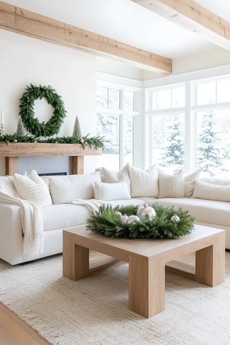 minimalist christmas decor featuring simple pine wreaths and natural wood accents 1