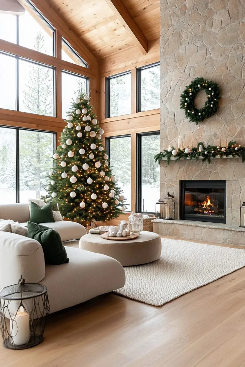 minimalist christmas tree with white ornaments and soft warm fairy lights 1