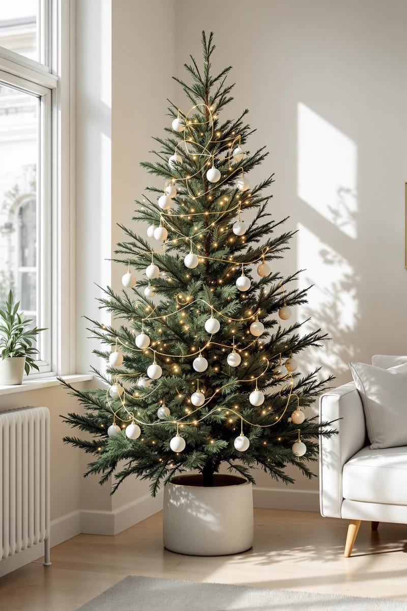 minimalist christmas tree with white ornaments and soft warm fairy lights 1