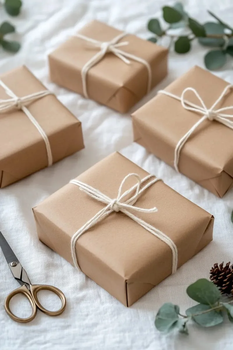 minimalist kraft paper gifts tied with cream cotton string 1