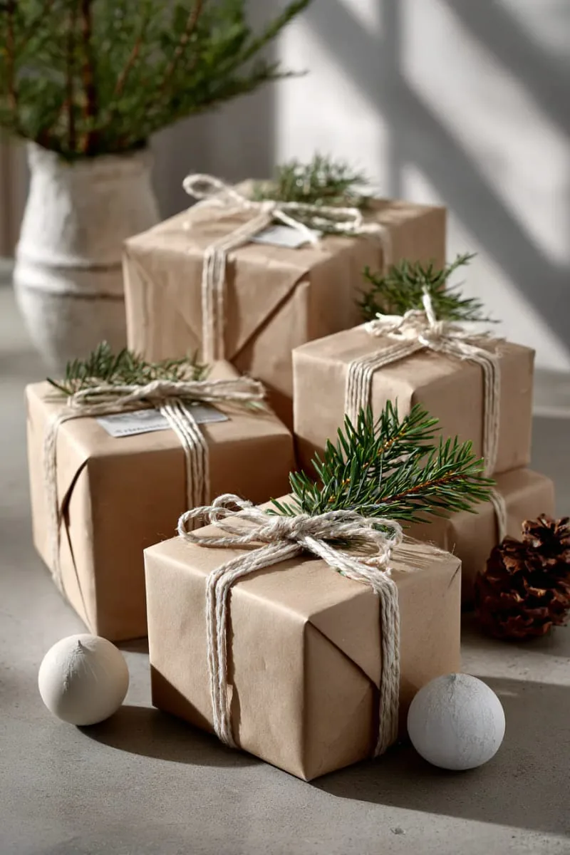 minimalist kraft paper gifts tied with cream cotton string 1