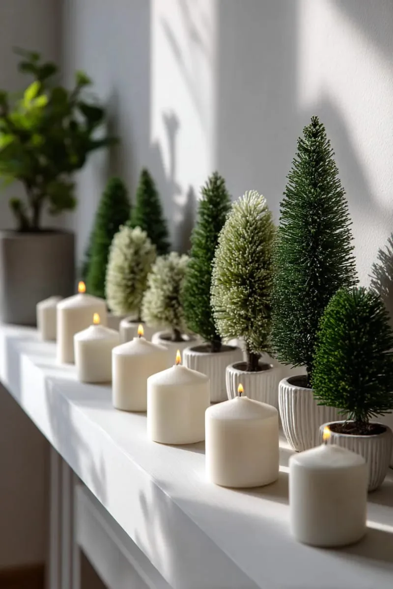 minimalist mantle with bottlebrush trees and simple white candles 1