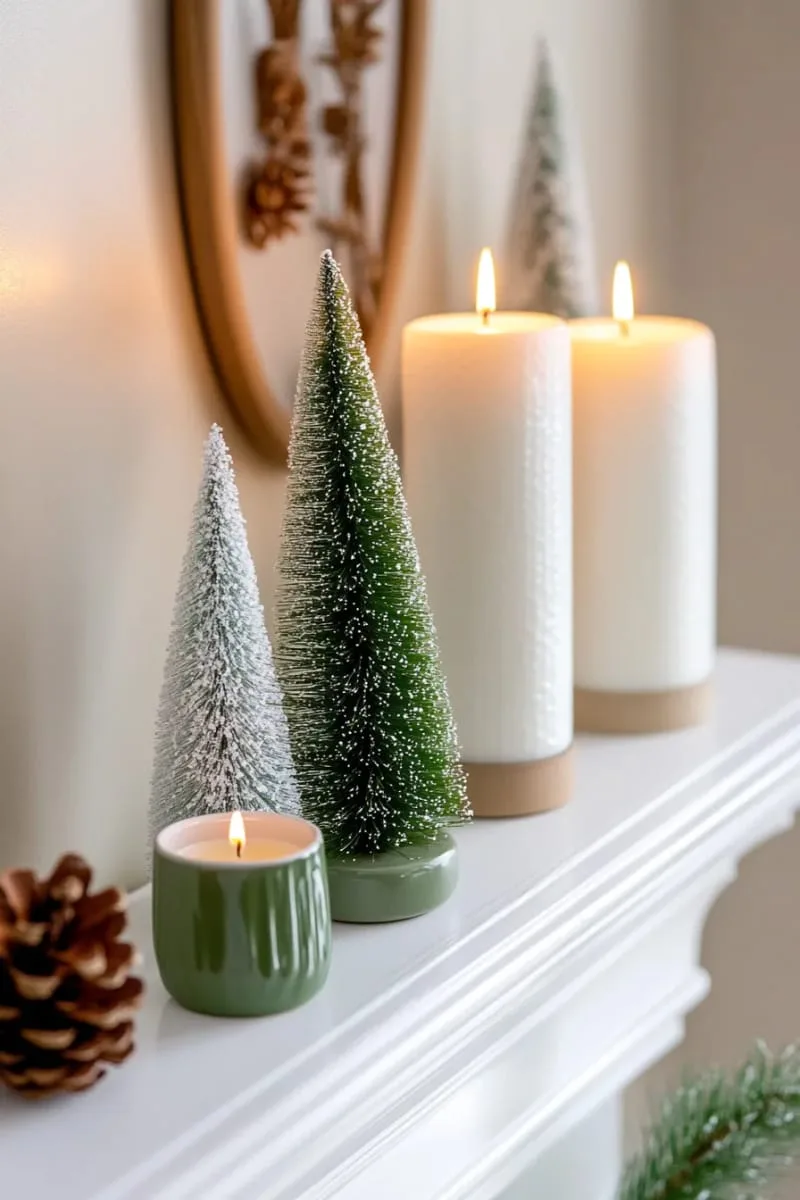 minimalist mantle with bottlebrush trees and simple white candles 1