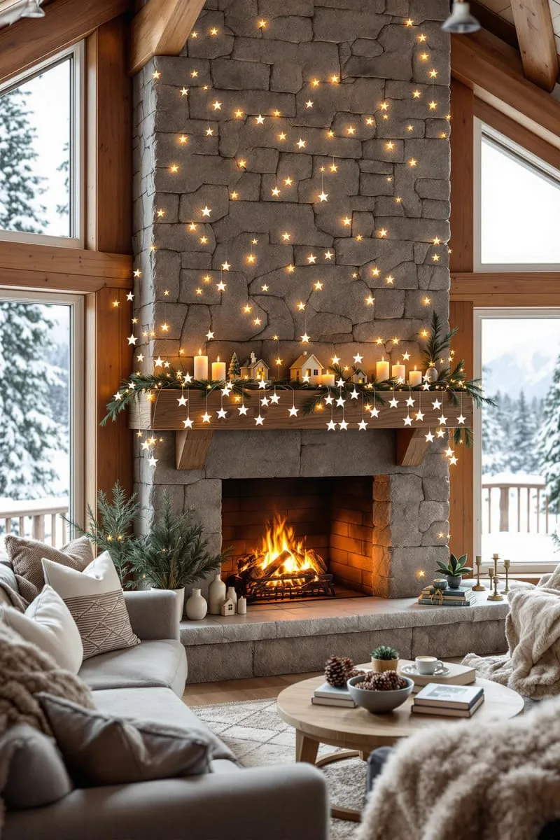 29 Simple Christmas Decor Ideas for a Beautiful Holiday Season 7 minimalist paper star garland draped across the mantel 1