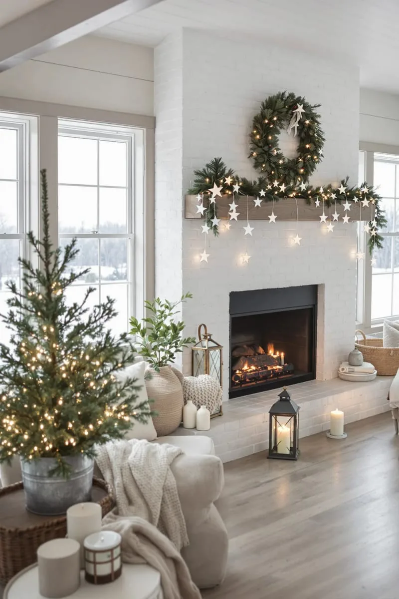 29 Simple Christmas Decor Ideas for a Beautiful Holiday Season 8 minimalist paper star garland draped across the mantel 1