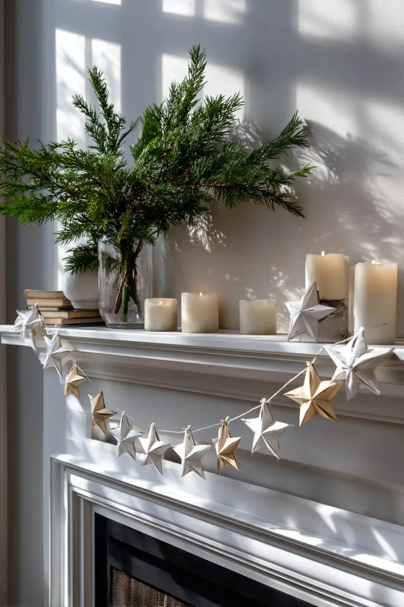 29 Simple Christmas Decor Ideas for a Beautiful Holiday Season 9 minimalist paper star garland draped across the mantel 1