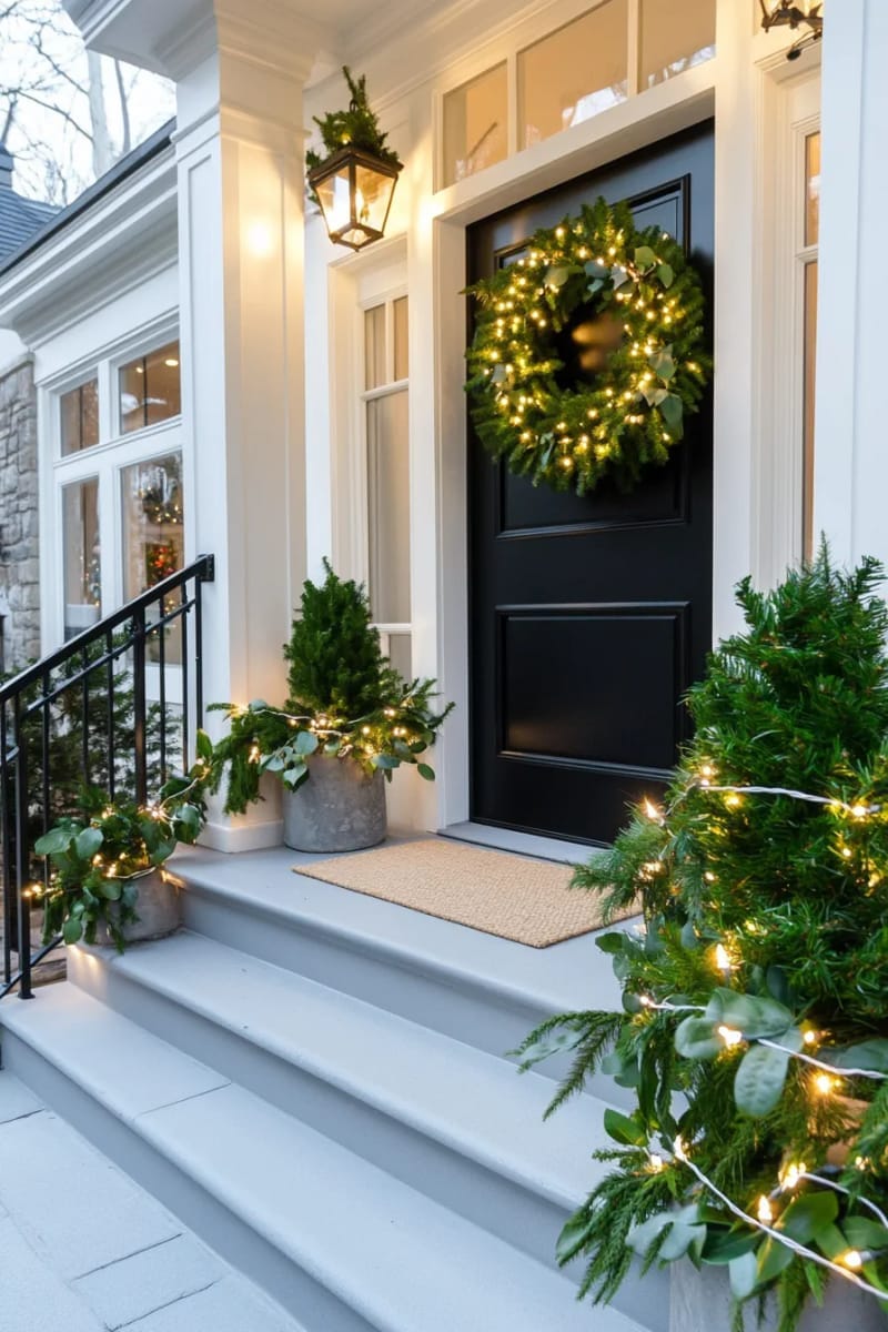 minimalist porch with delicate micro-lights and a single illuminated wreath 1