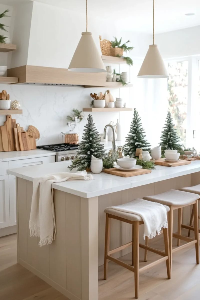 23 Christmas Kitchen Island Decor Ideas That Bring Instant Holiday Charm 41 minimalist scandi decor: white trees, soft greenery, and natural wood 1