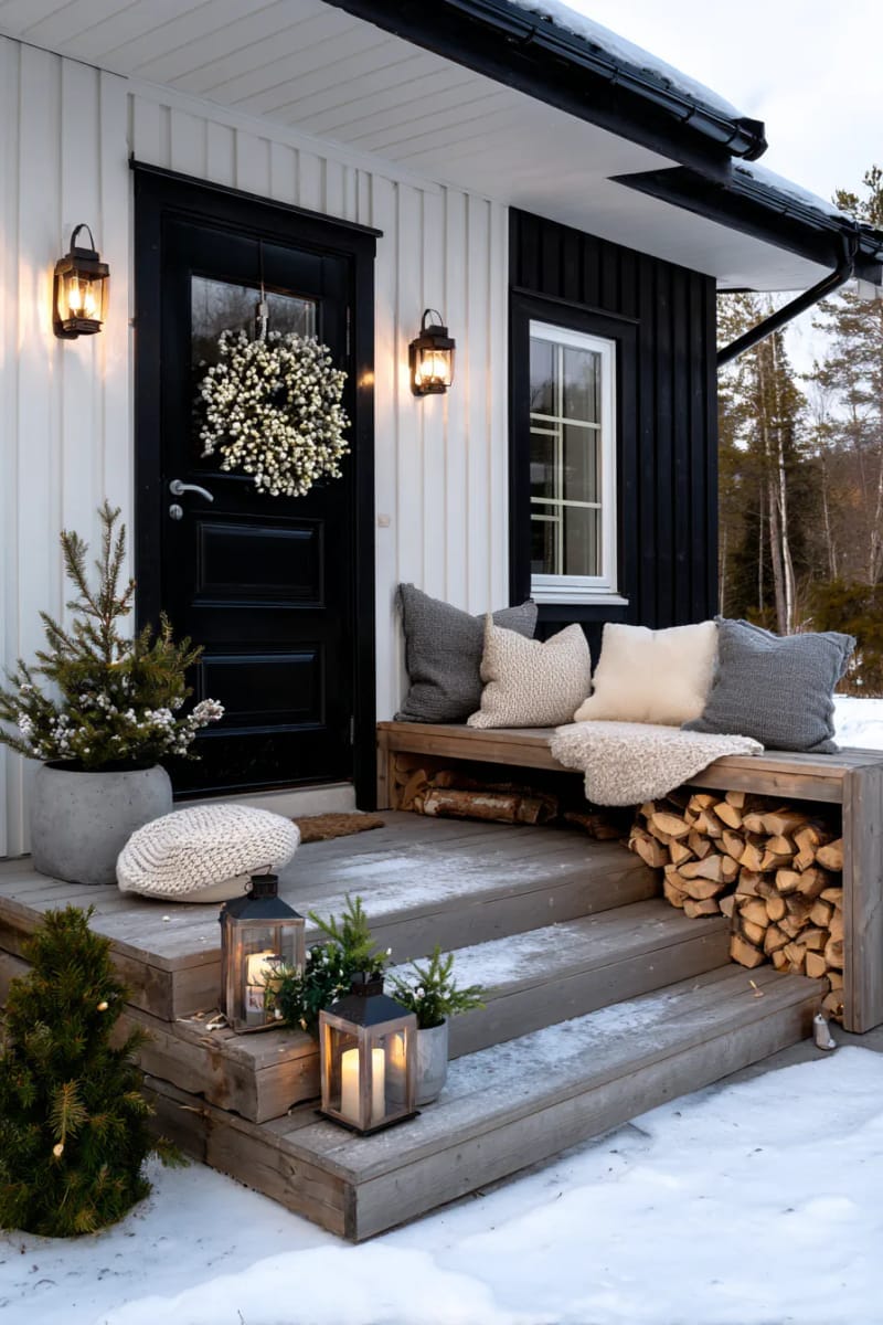 29 Festive Christmas Door Decor Ideas for a Magical Entry 48 minimalist scandinavian pine wreath with white berries and twinkle lights 1