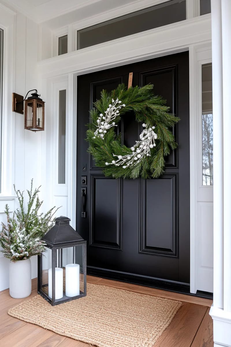 29 Festive Christmas Door Decor Ideas for a Magical Entry 49 minimalist scandinavian pine wreath with white berries and twinkle lights 1