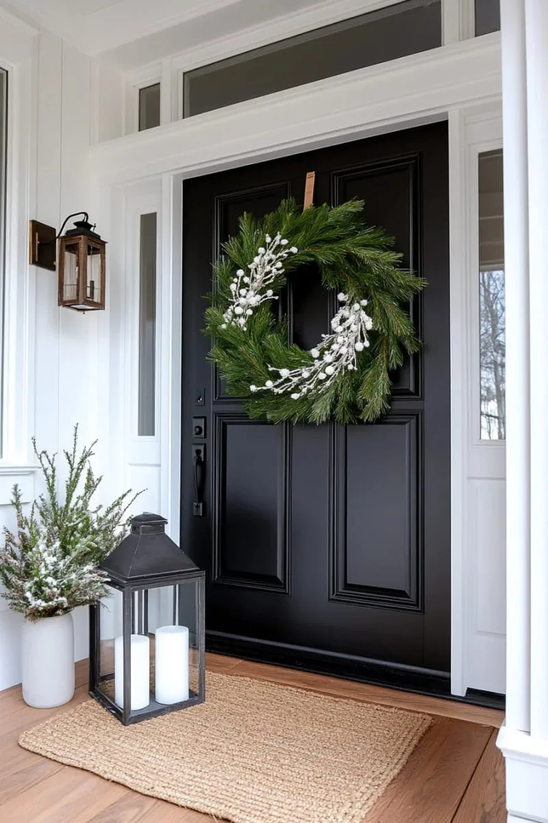minimalist scandinavian pine wreath with white berries and twinkle lights 1