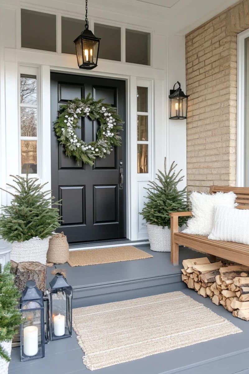 29 Festive Christmas Door Decor Ideas for a Magical Entry 50 minimalist scandinavian pine wreath with white berries and twinkle lights 1